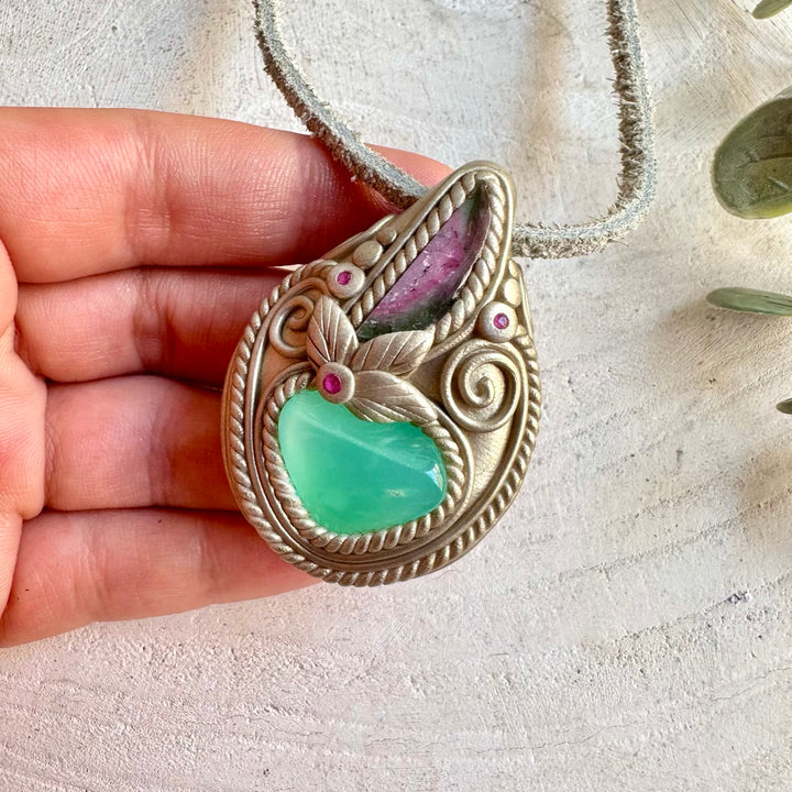 An enchanting spiritual gemstone necklace for love, emotional healing, renewal, passion, confidence and heart-centered energy.