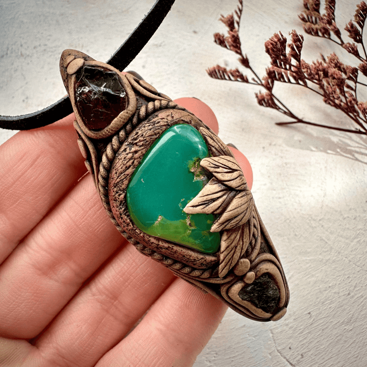 Chrysoprase Red Garnet and Moldavite Pendant - FairyGardenGlow