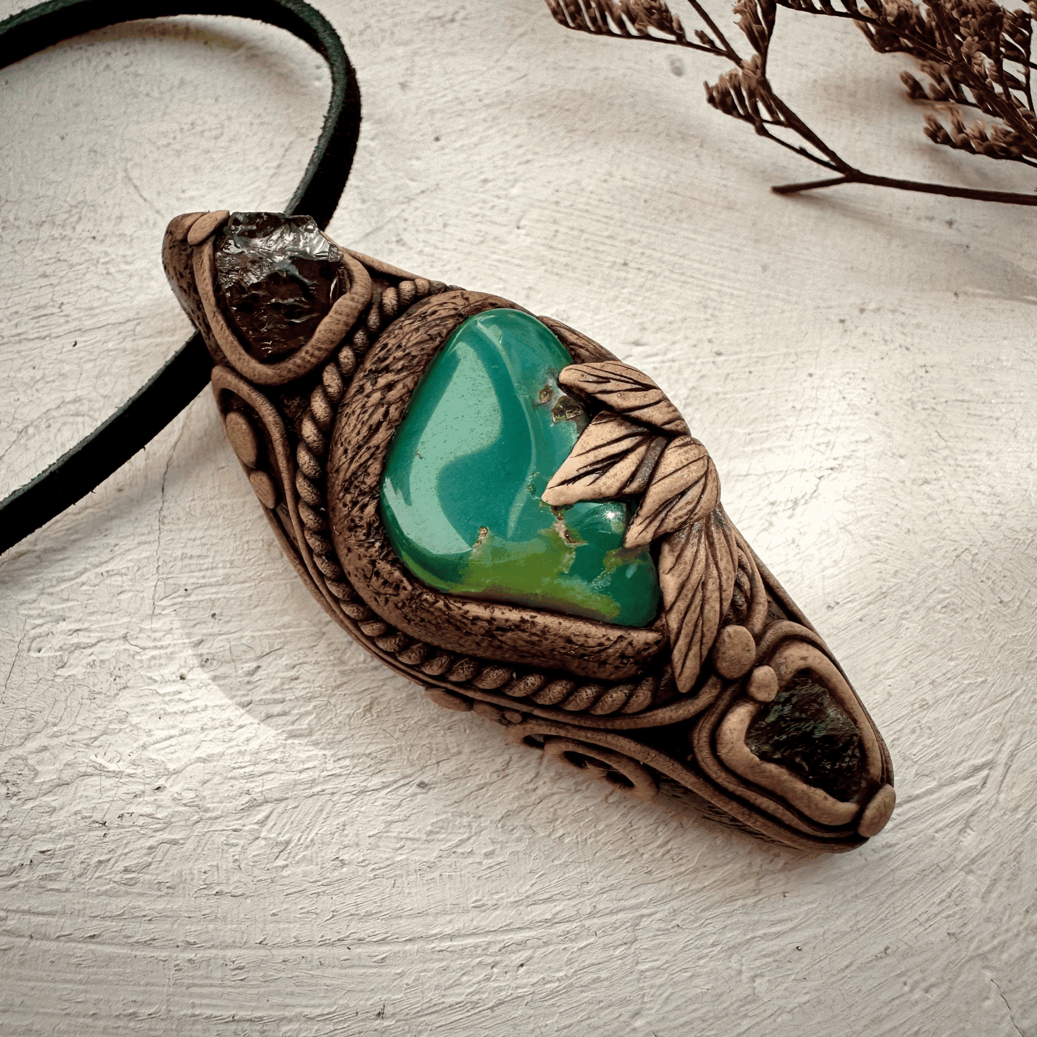 Chrysoprase Red Garnet and Moldavite Pendant - FairyGardenGlow