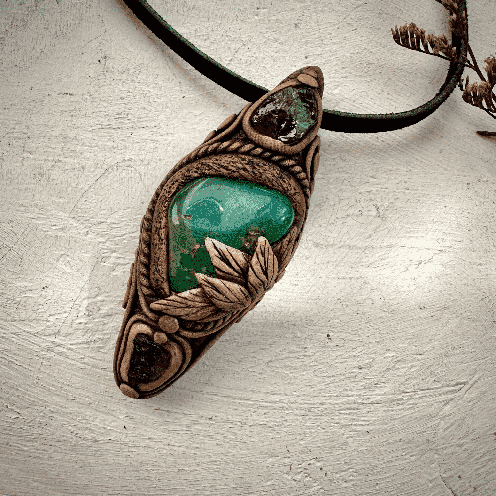 Chrysoprase Red Garnet and Moldavite Pendant - FairyGardenGlow