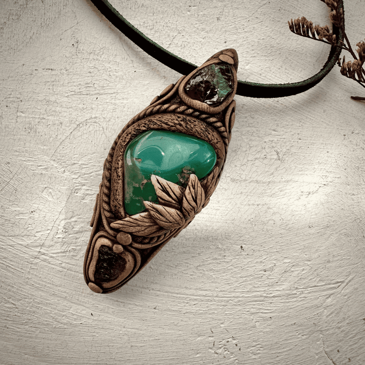 Chrysoprase Red Garnet and Moldavite Pendant - FairyGardenGlow