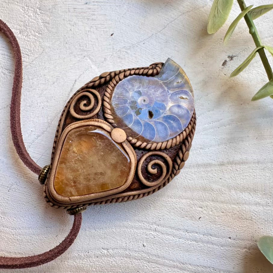 One of a kind citrine and ammonite necklace