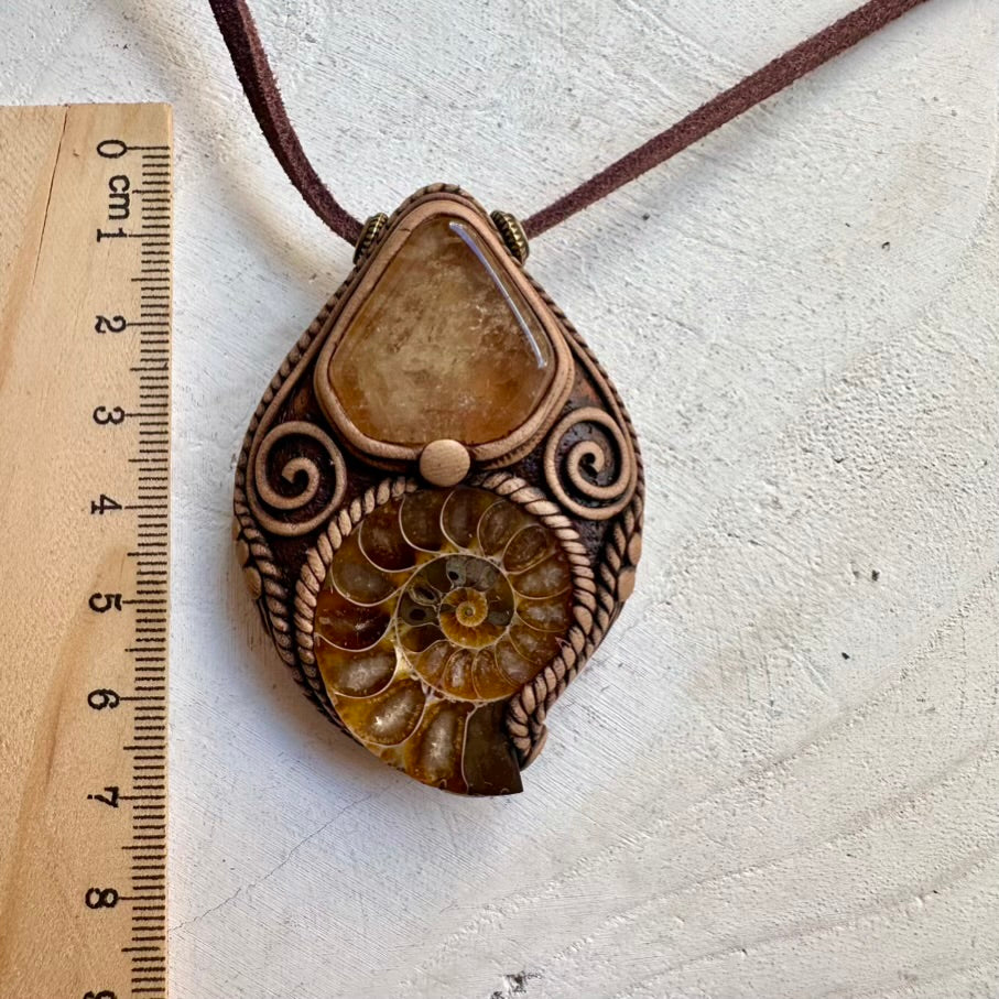 Citrine and ammonite pendant necklace, handmade crystal and fossil jewelry
