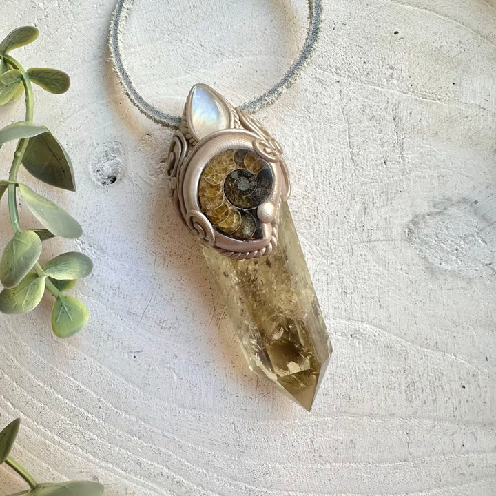 Citrine with Ammonite and Rainbow Moonstone wand pendant necklace