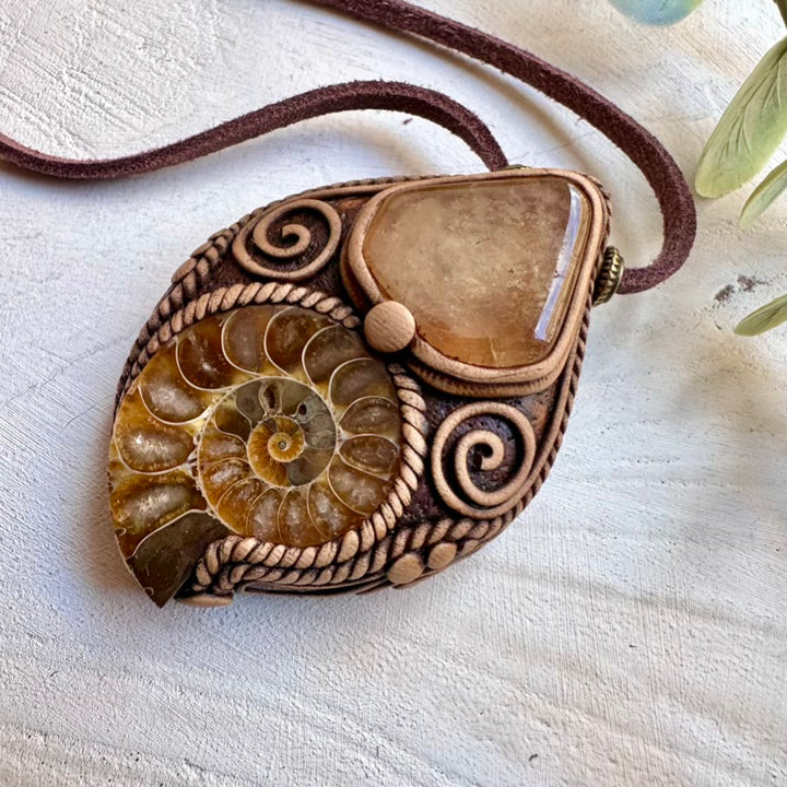 One of a kind gemstone necklace with citrine and ammonite fossil