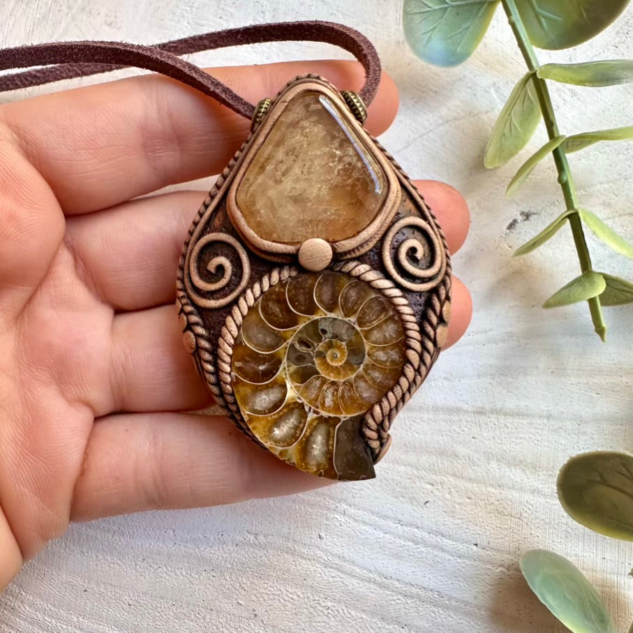 Unique fossil and crystal pendant necklace with citrine
