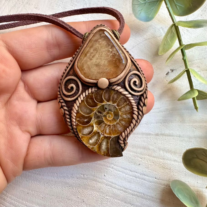 Unique fossil and crystal pendant necklace with citrine