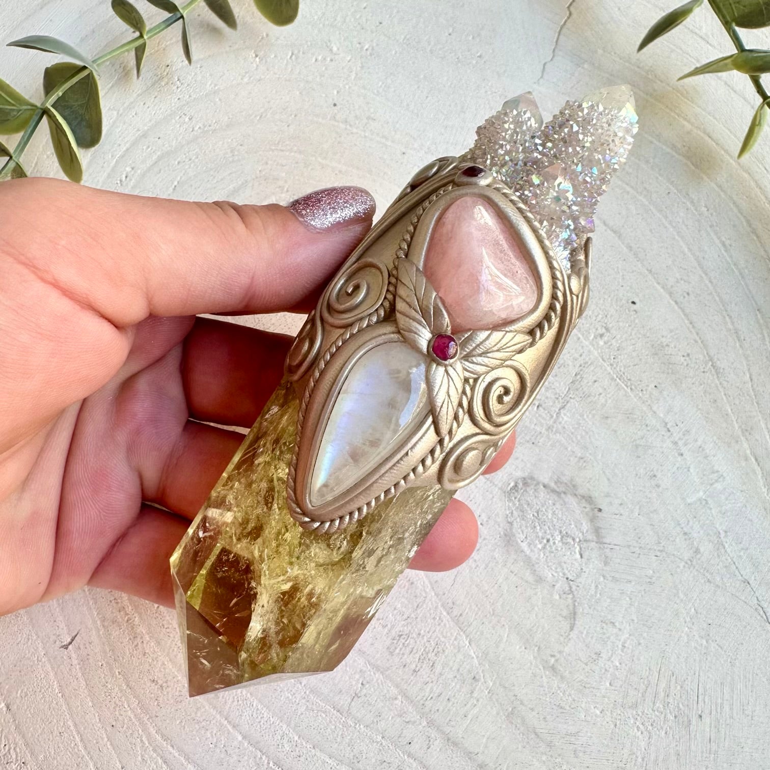 Crystal wand with Citrine Angel Aura Spirit Quartz Morganite Rainbow Moonstone and Rhodolite Garnet handmade healing tool