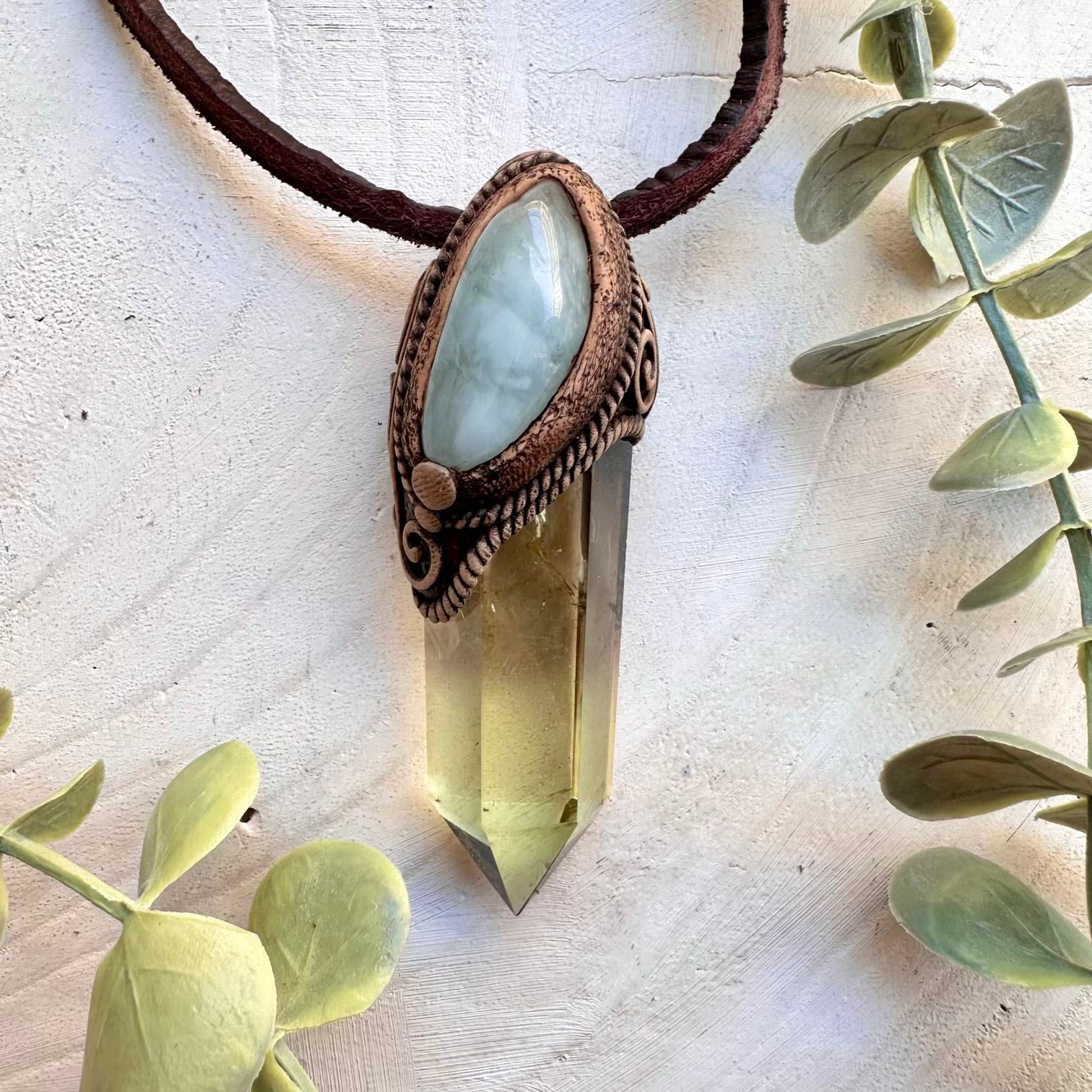 Handmade healing crystal necklace with citrine and aquamarine
