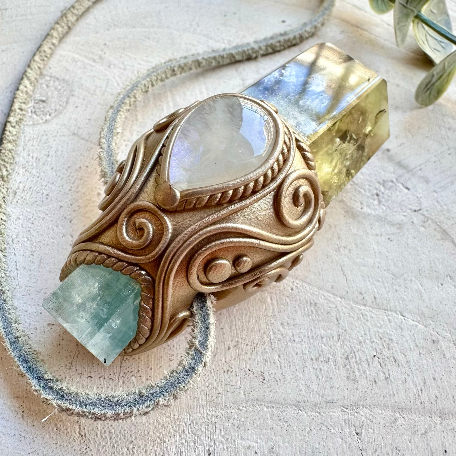 Crystal talisman wand necklace with citrine moonstone and aquamarine healing stones