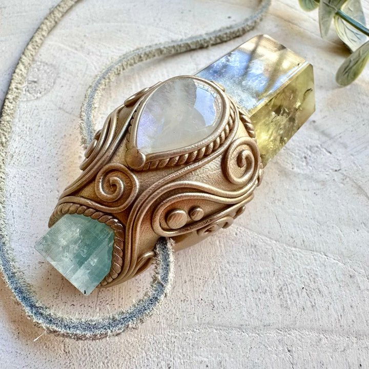 Crystal talisman wand necklace with citrine moonstone and aquamarine healing stones