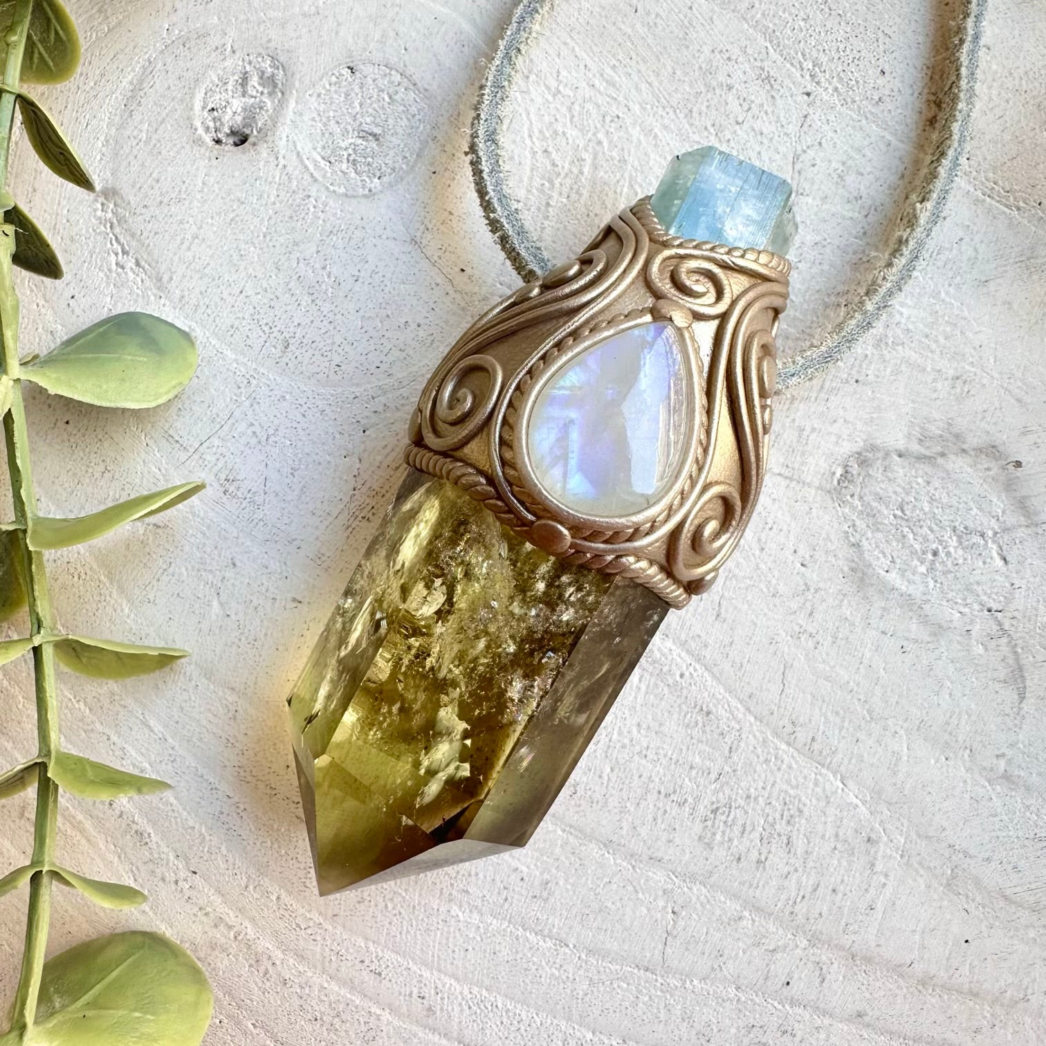 Handmade crystal wand with citrine aquamarine and rainbow moonstone for manifestation and intuition