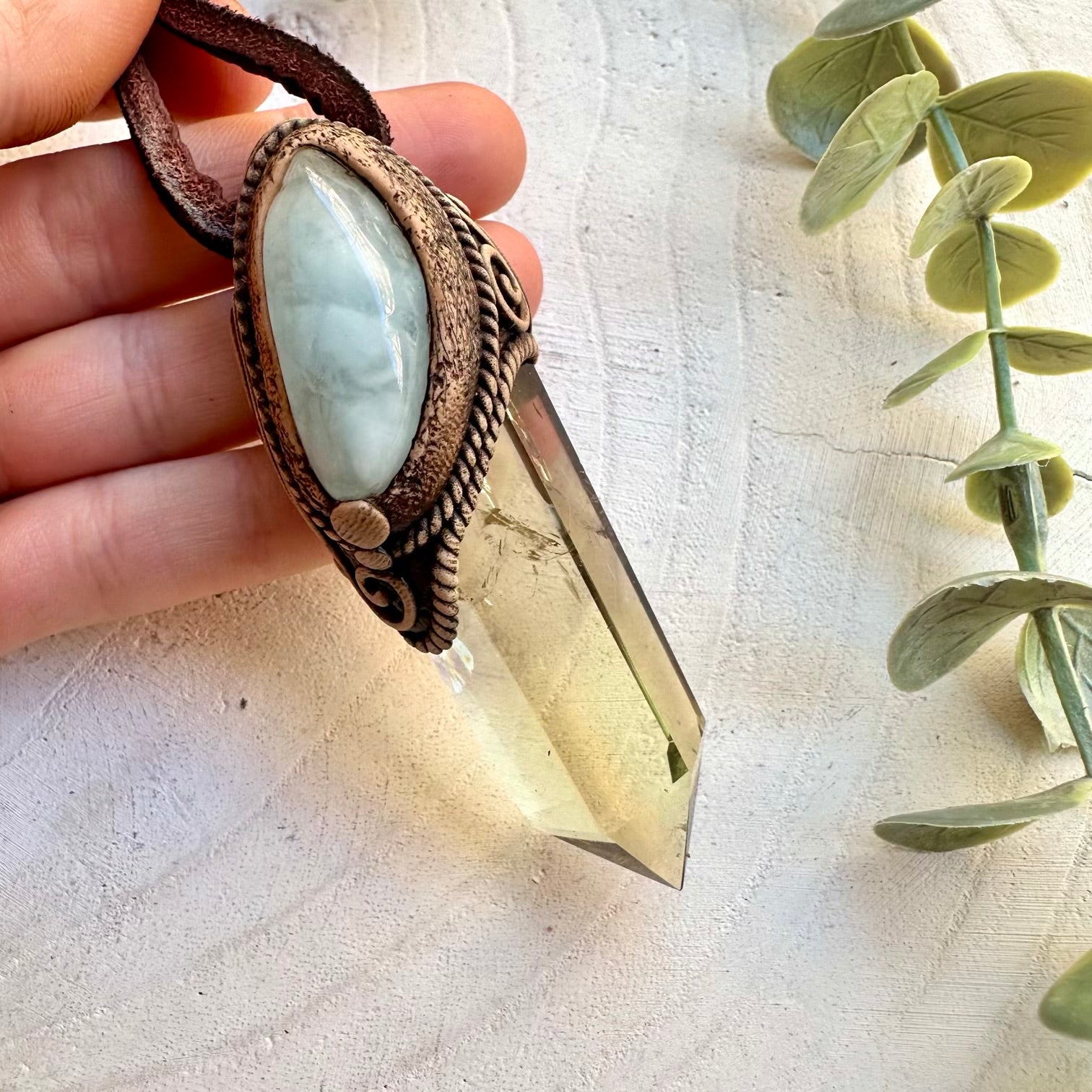 Citrine and aquamarine pendant necklace healing crystal wand