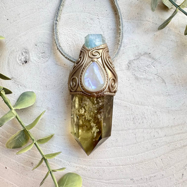 Citrine with Aquamarine and Rainbow Moonstone crystal wand pendant necklace