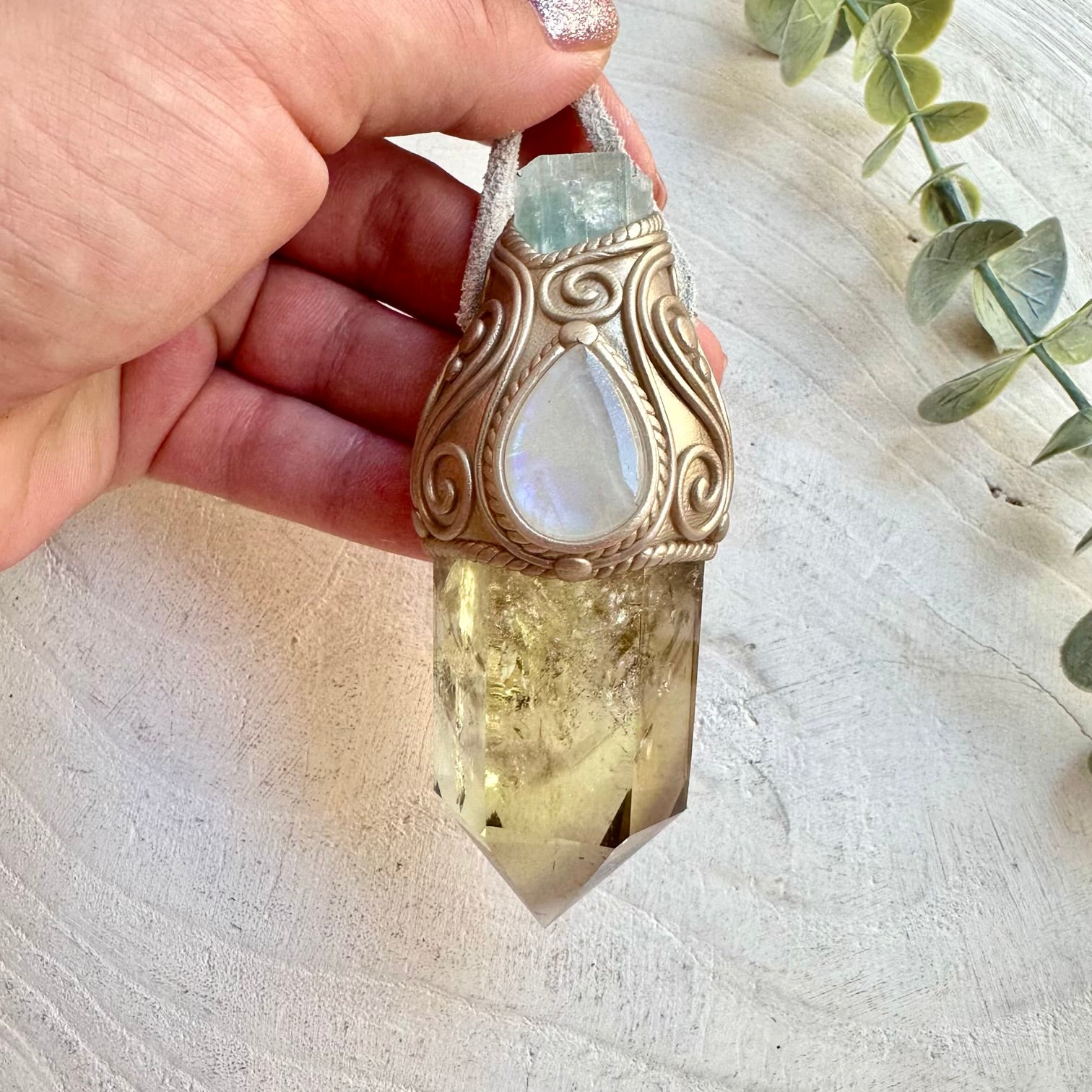 Citrine with Aquamarine and Rainbow Moonstone crystal wand