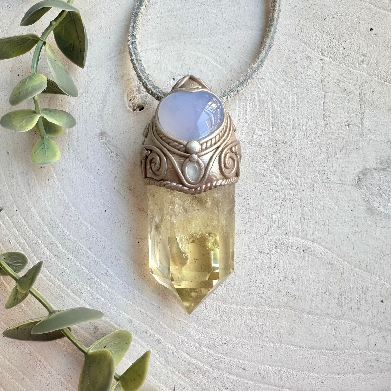 Citrine with Blue Chalcedony and Blue Topaz wand pendant necklace