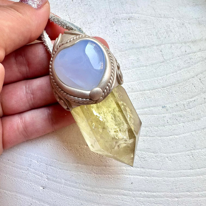 Citrine and Blue Chalcedony heart pendant necklace handmade boho crystal jewelry