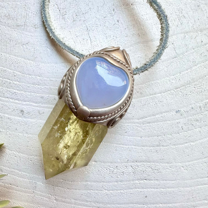 Crystal talisman necklace with citrine and blue chalcedony heart healing stones