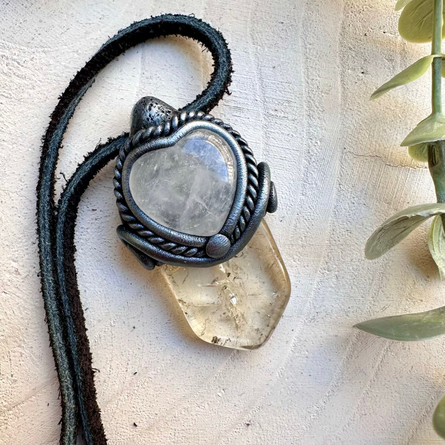 Citrine and clear quartz heart pendant necklace