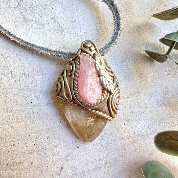 One of a kind spiritual necklace showcasing golden Citrine and natural Raw Morganite associated with joy and emotional harmony.