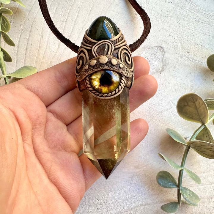 Protection crystal wand with citrine rainbow obsidian and garnet