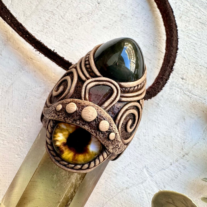 One of a kind citrine wand with eye detail and garnet