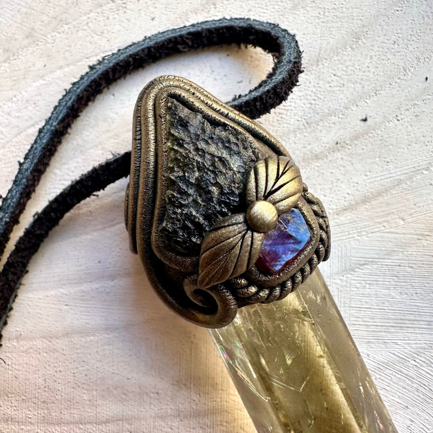 Citrine moldavite and garnet spiritual talisman necklace