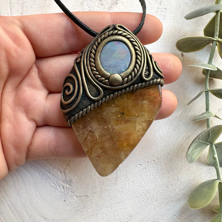 Handmade pendant necklace with polished citrine and gray Australian opal stones