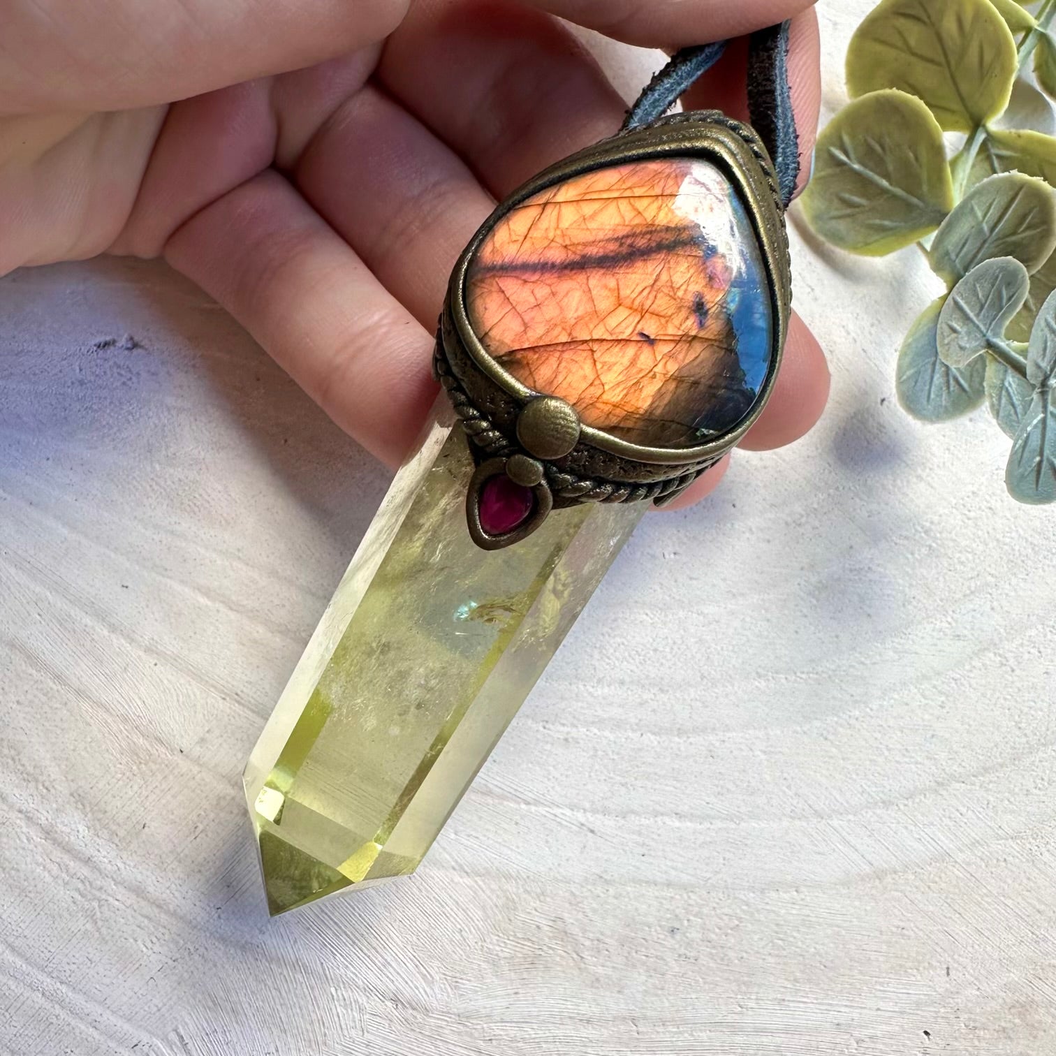 Citrine labradorite and rhodolite garnet wand pendant necklace