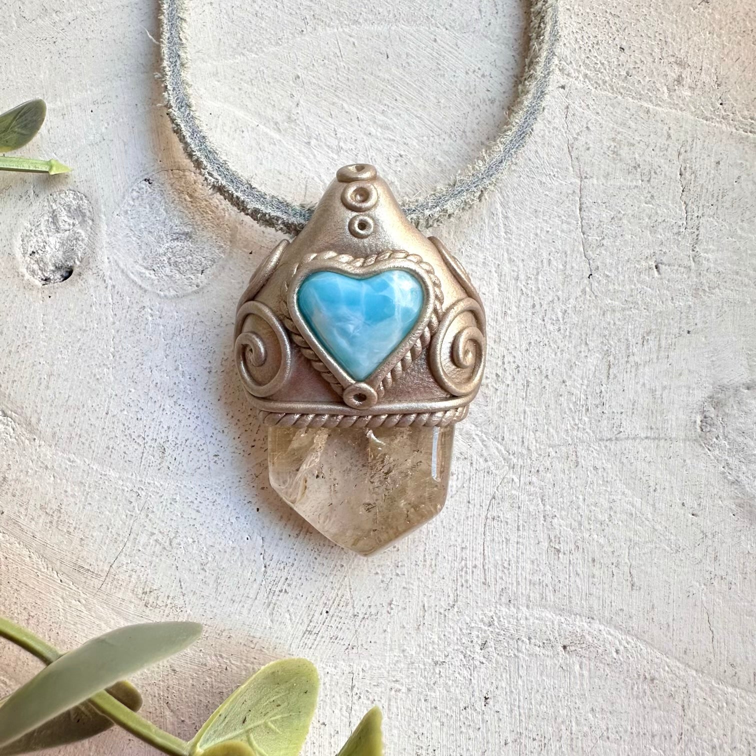 Crystal talisman necklace with citrine and larimar heart healing stones