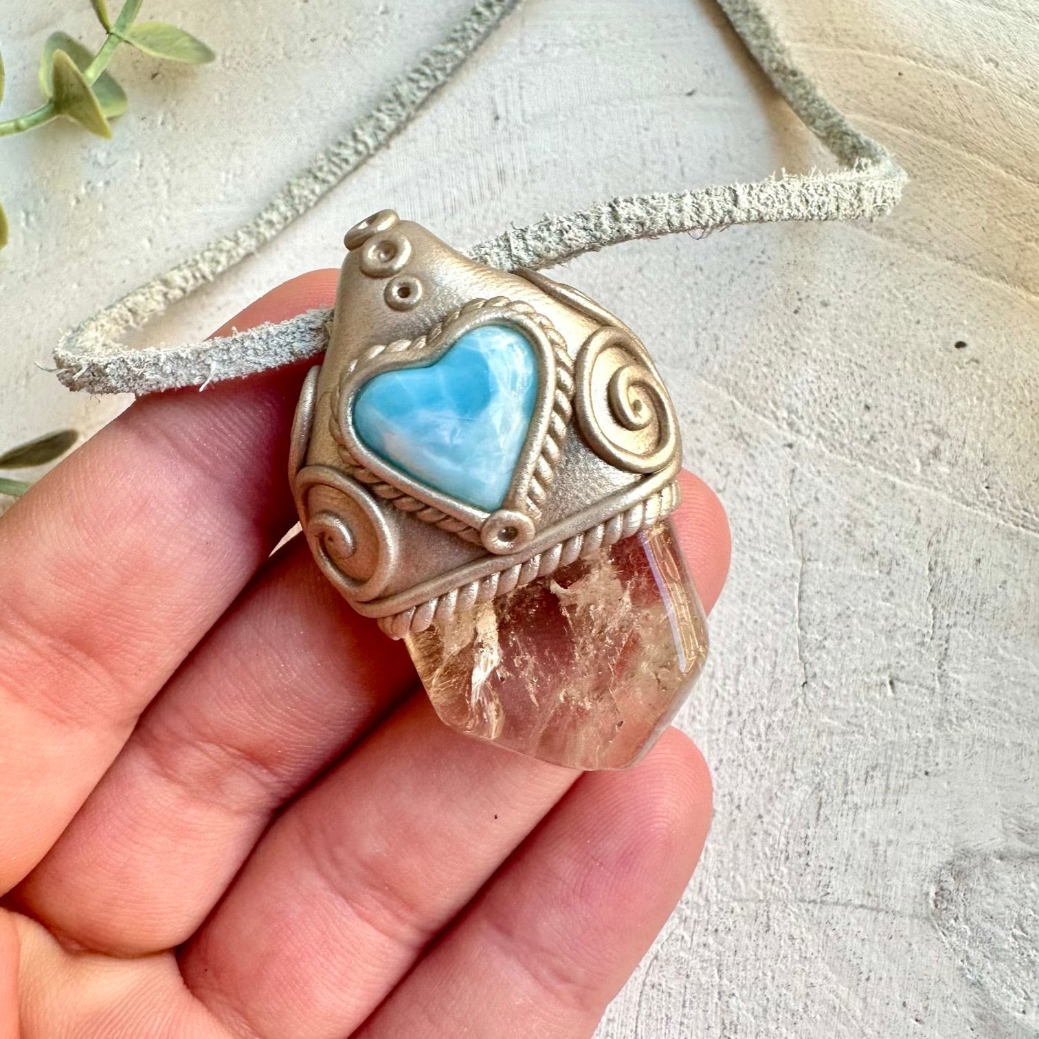 Citrine and Larimar Heart necklace handmade boho jewelry with natural healing gemstones