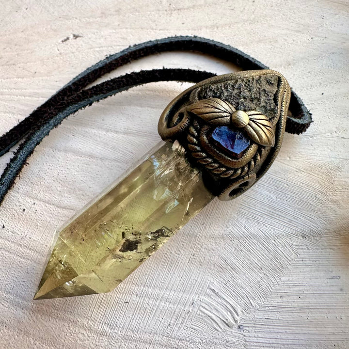 Polished citrine raw moldavite and garnet energy tool pendant