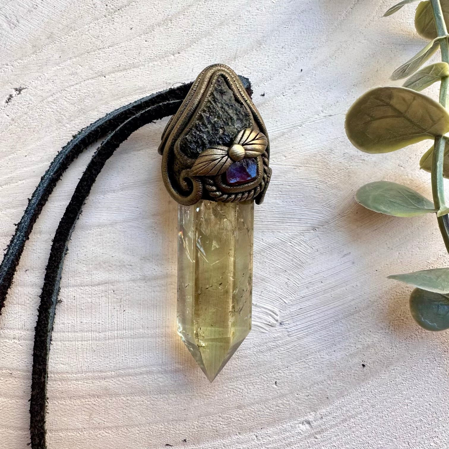 Handmade healing crystal necklace with citrine moldavite and garnet