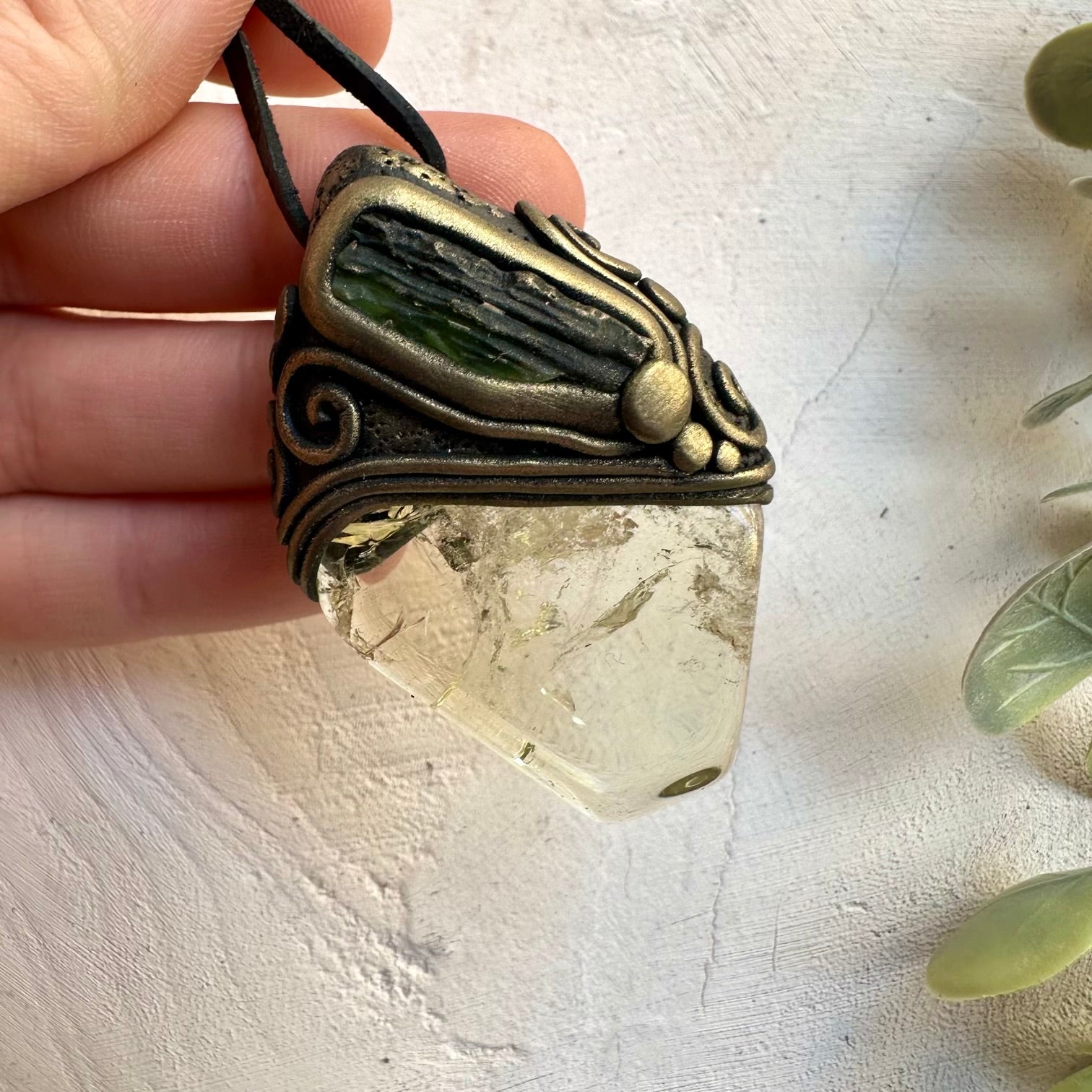 Handmade crystal necklace with polished citrine and genuine moldavite stone