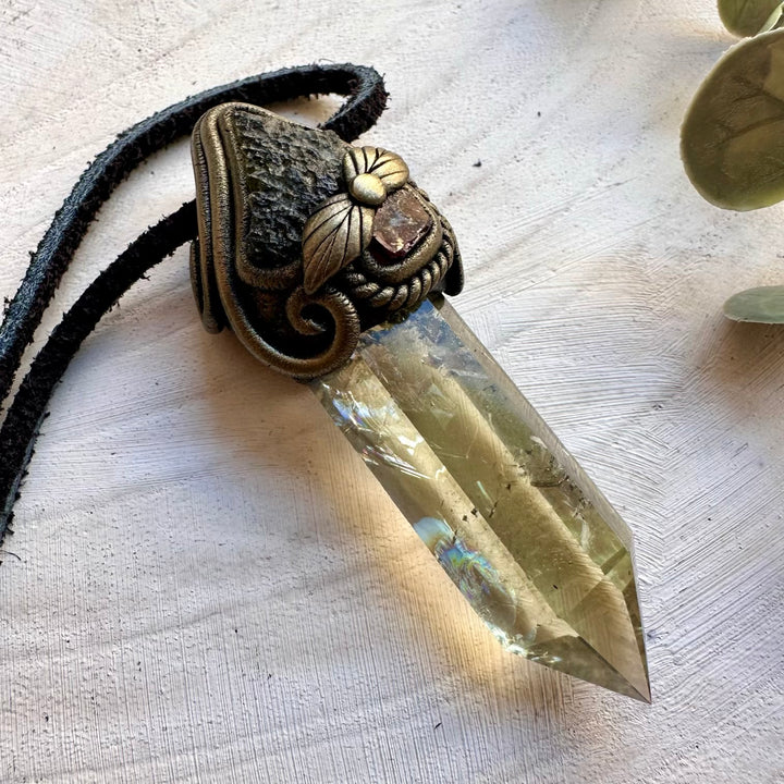 Ritual crystal wand pendant with citrine moldavite and garnet