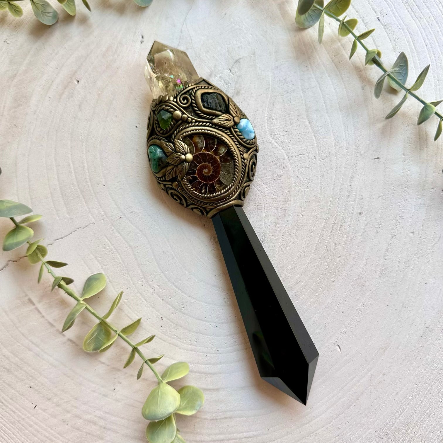 Healing crystal wand handcrafted with Black Obsidian, Citrine and Moldavite.