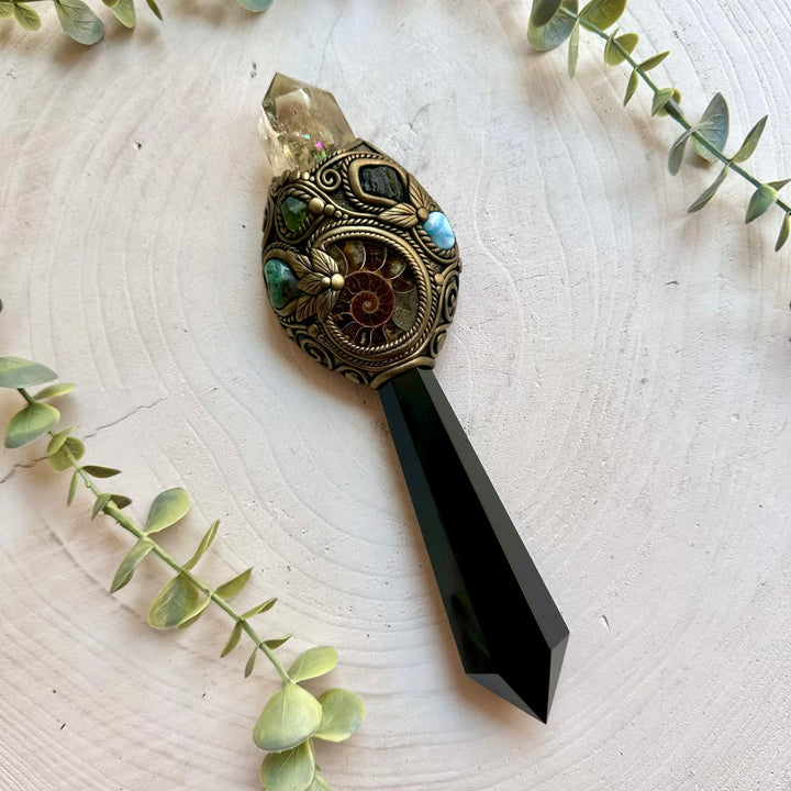 Healing crystal wand handcrafted with Black Obsidian, Citrine and Moldavite.