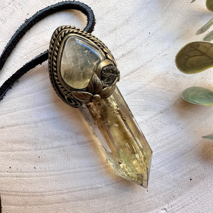 Polished citrine moldavite and topaz energy tool pendant