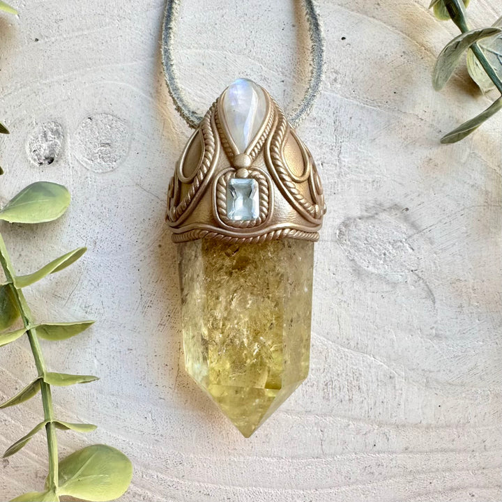 Citrine with Rainbow Moonstone and Blue Topaz crystal wand