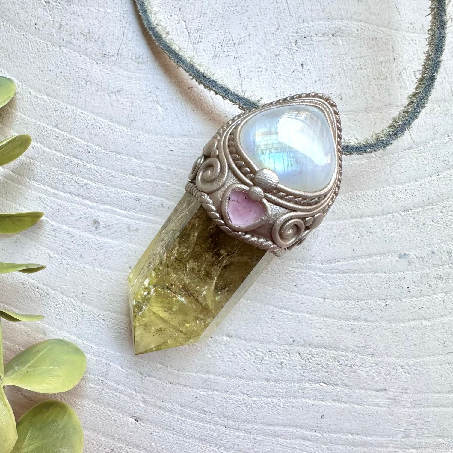Crystal talisman wand necklace with citrine moonstone and pink tourmaline healing crystals