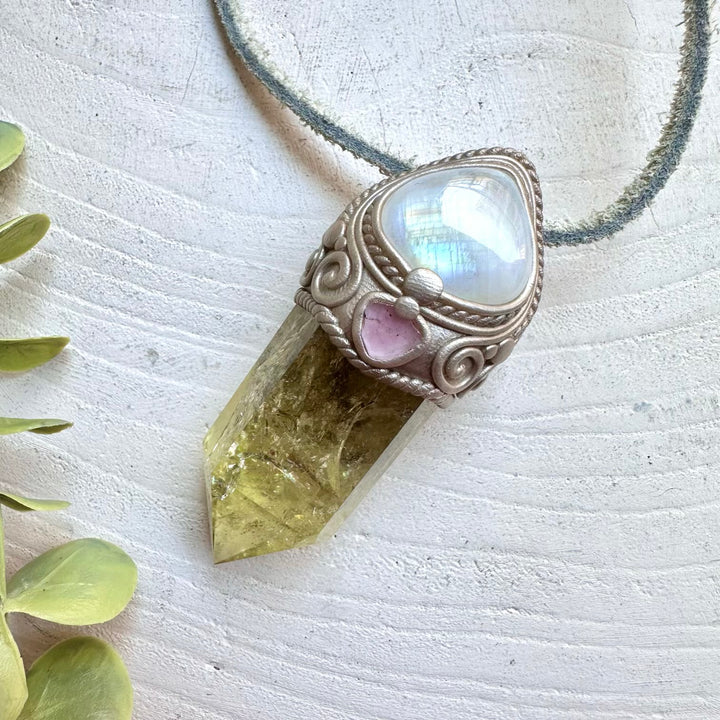 Crystal talisman wand necklace with citrine moonstone and pink tourmaline healing crystals