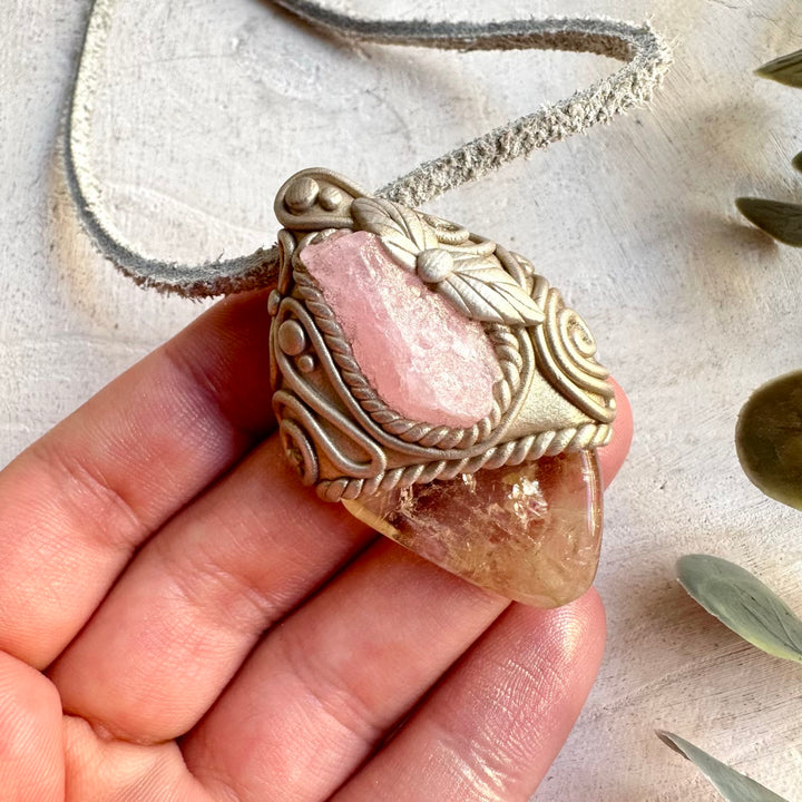 Natural Raw Morganite and Citrine necklace combining stones often associated with love, compassion, positivity and personal growth.