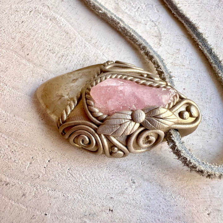 Citrine crystal pendant with Raw Morganite, often used in spiritual practices for intentions of abundance, love and positivity.