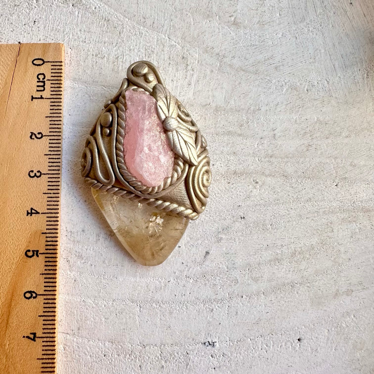Citrine and Raw Morganite pendant necklace, handmade as unique spiritual crystal jewelry associated with abundance, love, joy and inner confidence.