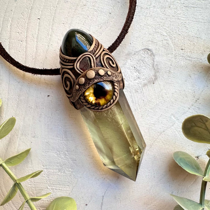 Handmade crystal wand necklace with citrine and rainbow obsidian