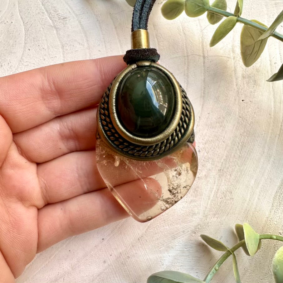 Natural gemstone pendant necklace with citrine and rainbow obsidian