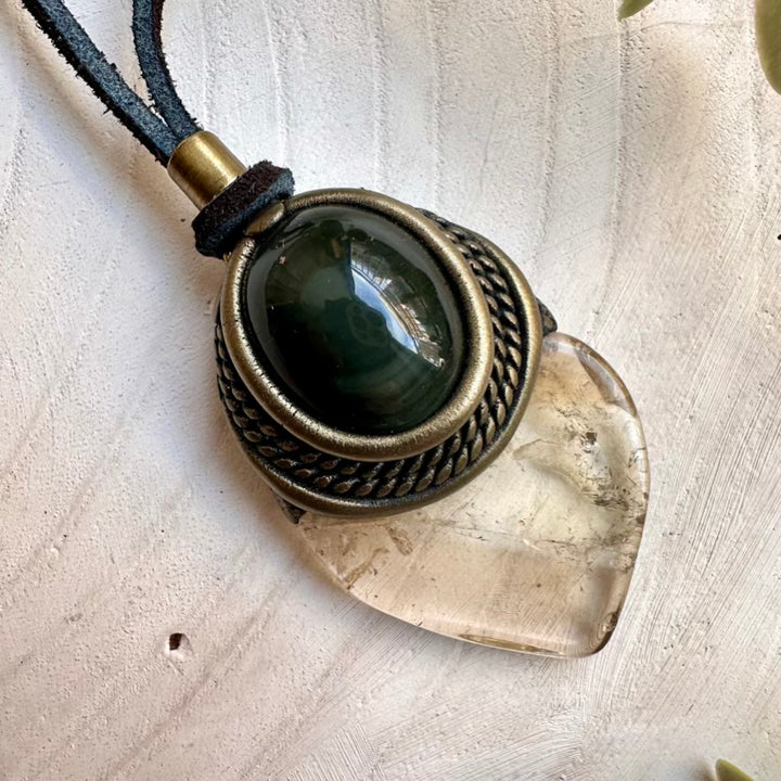Handmade healing jewelry necklace with citrine and rainbow obsidian