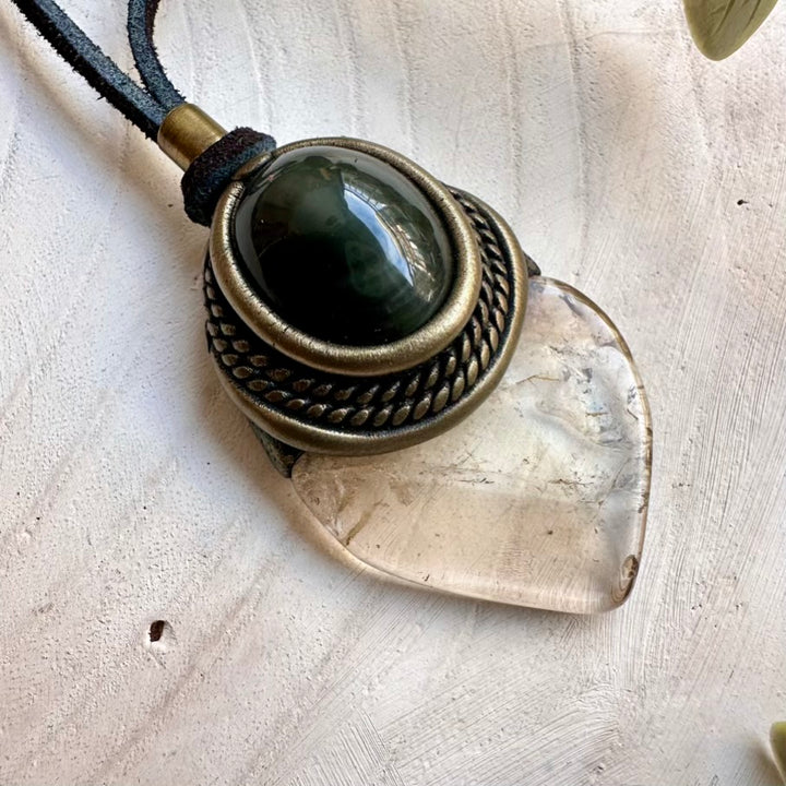 Unisex crystal necklace with polished citrine and rainbow obsidian