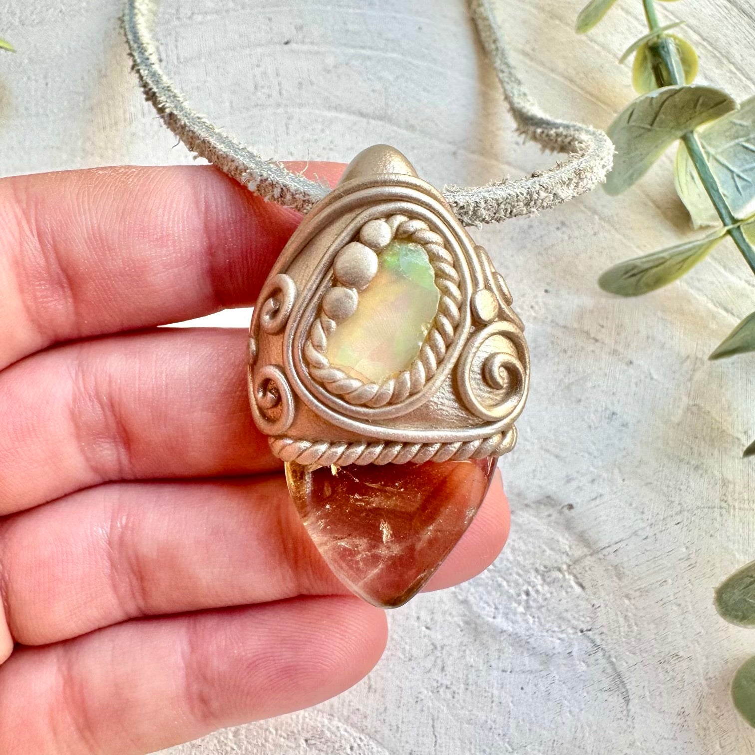 Crystal talisman necklace with citrine and Ethiopian opal healing stones