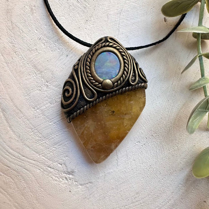Healing crystal jewelry necklace with polished citrine and Australian opal